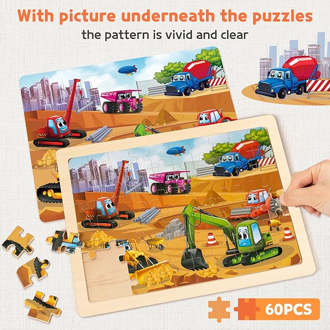 SYNARRY Wooden Vehicle Puzzles for Kids Ages 4-6, 6 Packs 60 PCs Jigsaw Puzzles Preschool Educational Toys Gifts for Children Ages 4-8, Kids Toys Gifts for 4+ Year Olds Boys Girls
