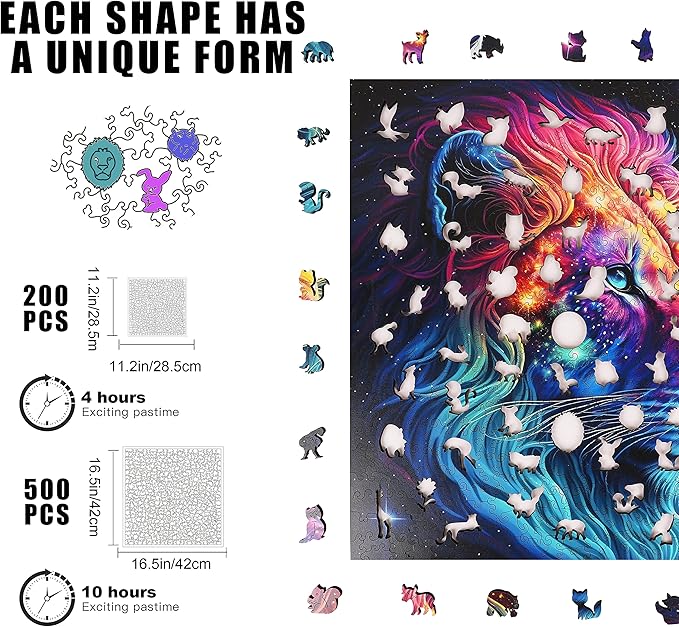 Unique Wooden Jigsaw Puzzles - Starry Lion, 200 Pcs Medium Size 11.2'' x 11.2'', Luxurious Animal Shaped Wood Puzzle, Beautiful Package, Best Gift for Adults