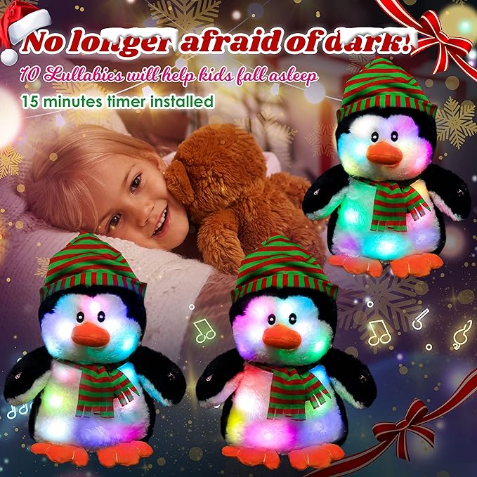 Cuteoy Penguin LED Musical Stuffed Animal Light-up Singing Plush Adjustable Volume Lullaby Plushies Birthday Christmas Toy Gifts for Kids Toddler Girls, 11"