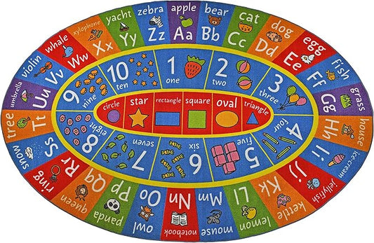 KC Cubs Multi Color Letter Print Power-Loomed ABC Alphabet, Numbers and Shapes Educational Learning & Fun Game Play Area Non Slip Boy & Girl Kids Oval Rug