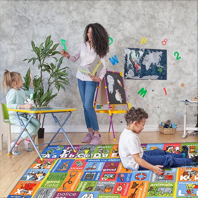 KC Cubs | Looney Tunes Kids Educational Rug ABC Alphabet, Jobs & Objects Matching Learning & Fun Game Area Non Slip Rug Carpet for Kids and Children Bedroom, Classroom and Playroom