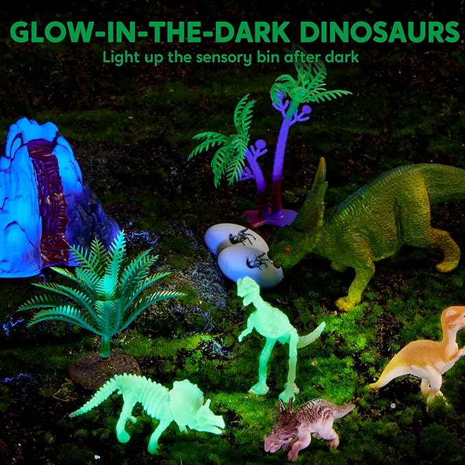 Klever Kits Dinosaurs Sensory Bin Toys for Toddlers with Glow in The Dark Dinosaurs, Sandbox with Lid Sand, Preschool Learning Activities Gifts for Boys Girls Age 3+