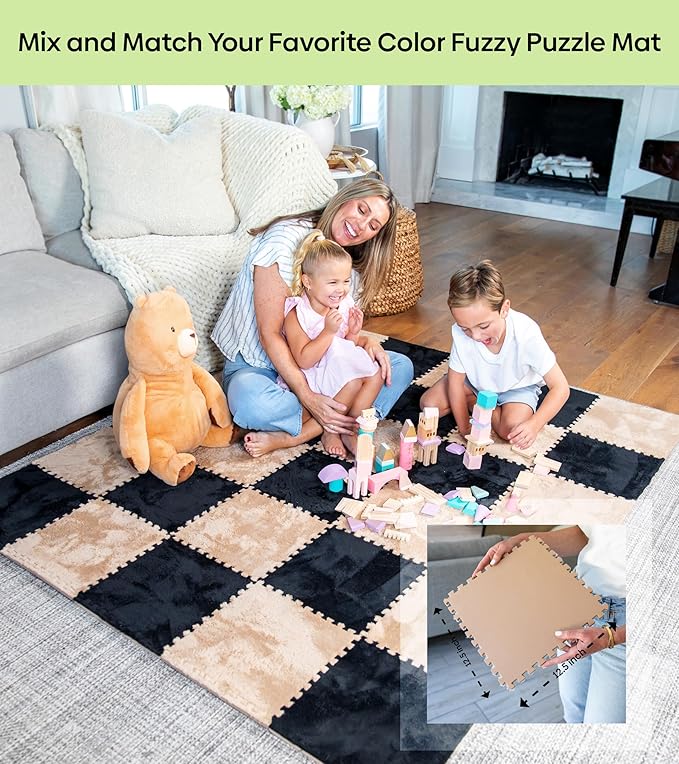 16 Piece Carpet Squares Puzzle Mat 49" x 49" Plush Interlocking Carpet Tiles, Foam Floor Tiles for Baby Play Mat - Kids Soft Play Floor Mats, Anti Slip Jigsaw Flooring Playmat Playroom Rug (Black)