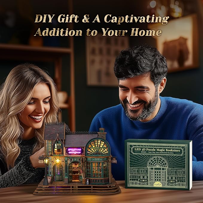LED 3D Wood Puzzle - Magic Bookshop Building Model Kit with LEDs - DIY Miniature Magical Bookstore - 3D Puzzle Architecture Craft Gift for Adults