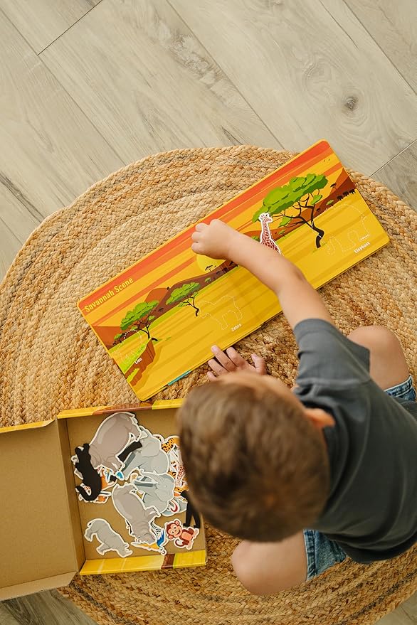 Motessory Preschool Busy Book – Safari Adventures Busy Book for Toddlers 3-5 Years Old with 8 Magnetic Pages and Figurines – Educational Toddler Montessori Toys for Home, Kindergarten, Travel