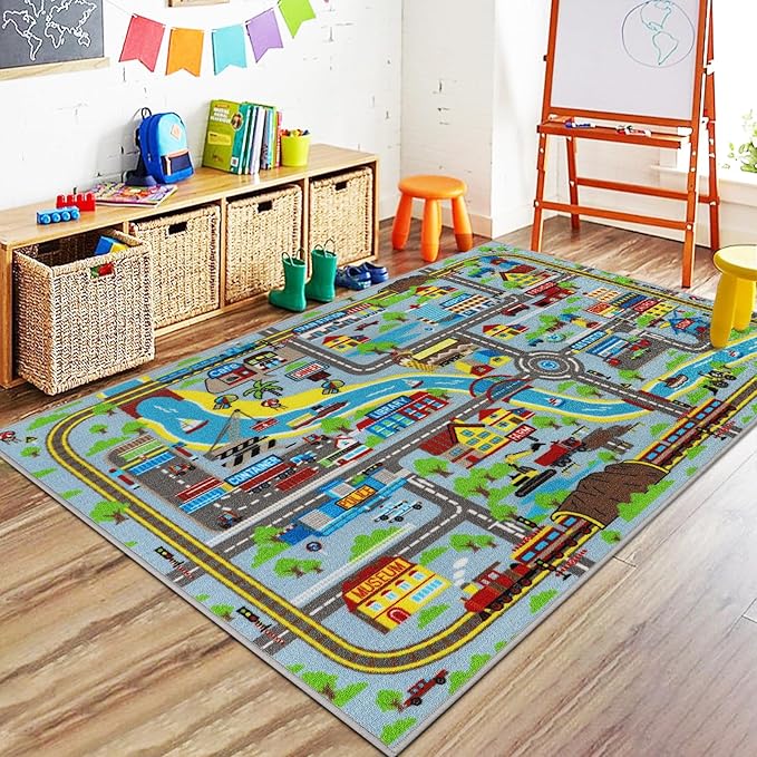 Capslpad Kids Rug for Playroom 3'3" x 5'2" Educational Learning Kids Play Area Rug Large Traffic Road Cars Rug Play Mat for Kid Toy Nursery Rug Kids Car Carpet for Living Room Home Decor, Sky Blue