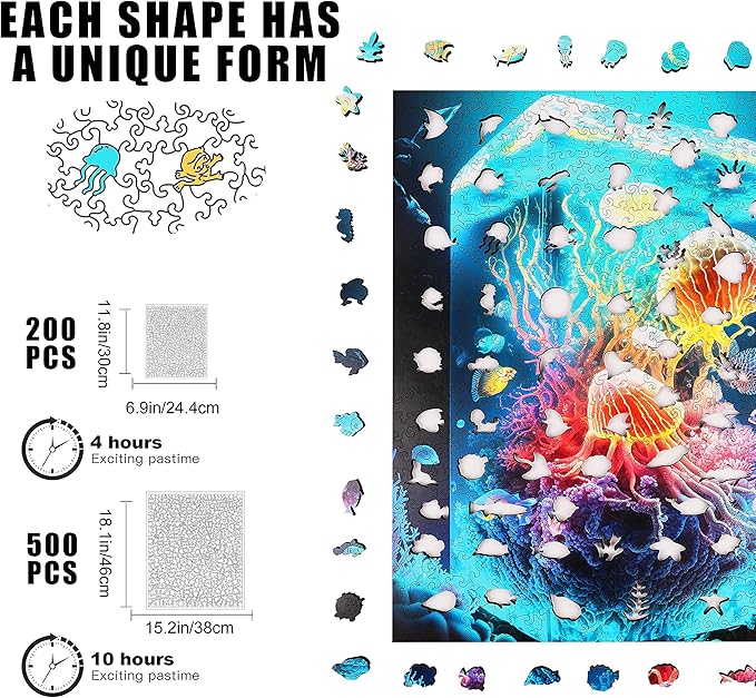 Unique Wooden Jigsaw Puzzles - Coral Jellyfish, 200 Pcs Medium Size 9.6'' x 11.8'', Luxurious Animal Shaped Wood Puzzle, Beautiful Package, Best Gift for Adults