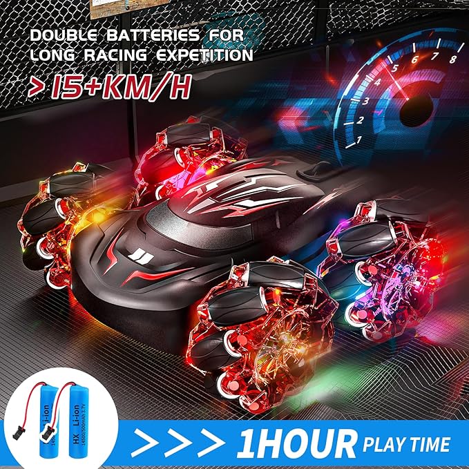 2.4GHz RC Stunt Car,4WD Double-Sided Gesture Sensing RC Cars,360°Flips Remote Control Car with Lights and Music for Boys Kids Birthday Gifts Age 6-12 Year Old (Red