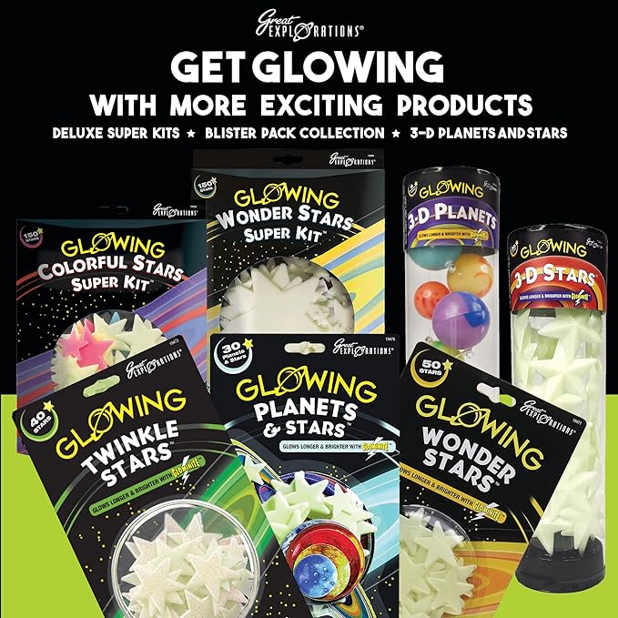 Great Explorations, 3-D Solar System Glow In The Dark Ceiling Hanging Kit 3D Planets and Star Stickers Create the Milky Way Teach Science STEM