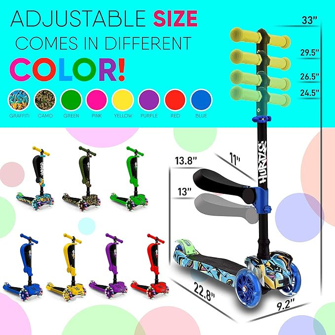 Hurtle 3-Wheeled Scooter for Kids - Wheel LED Lights, Adjustable Lean-to-Steer Handlebar, and Foldable Seat - Sit or Stand Ride with Brake for Boys and Girls Ages 1-14 Years Old