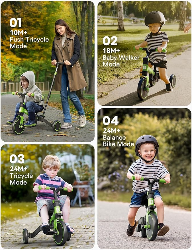 besrey 5 in 1 Toddler Bike, Toddler Tricycle for 1-3 Year Old, Trike with Push Handle, Backrest and Safety Belt, Birthday Gifts and Toys for Boys and Girls, Balance Bike