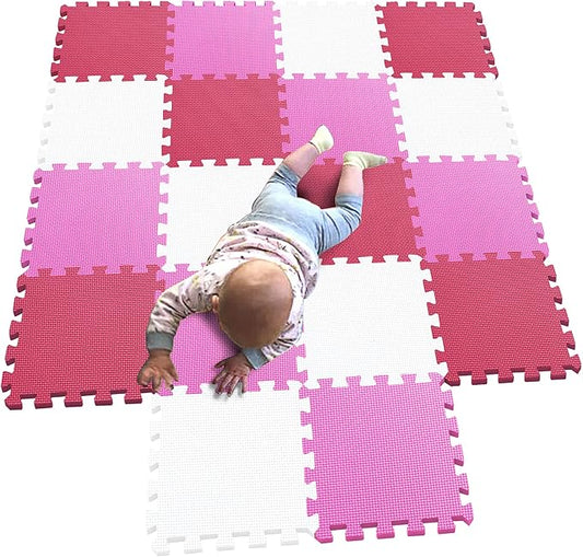 MQIAOHAM Outdoor/Indoor Protective Flooring Mats - Interlocking Reversible Floor Matting Suitable Gym, Play Area, Exercise, Yoga White Pink Rose 101103109