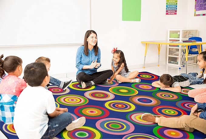 Flagship Carpets Color Rings Colorful Children's Classroom Area Rug for Kids Room Circle Seating Décor, Play Carpet for Teaching and Playing, Seats 35, 10'6"x13'2, Indigo Blue
