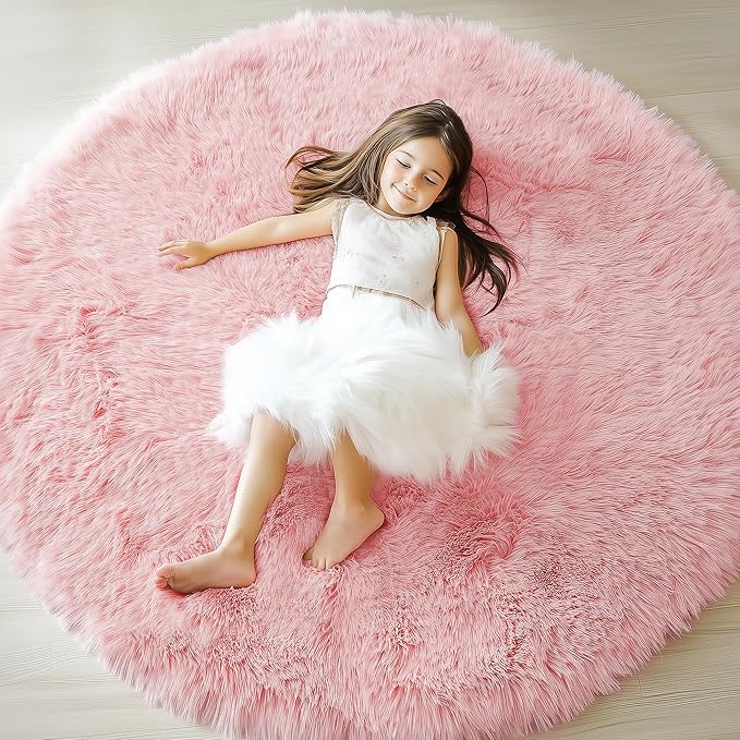 ONASAR Light Pink Round Area Rugs 6ft for Bedroom Living Room, Washable Fluffy Circle Rug for Kids Girls Boys Teen, Soft Plush Shaggy Carpet for Nursery Dorm Classroom Playroom Home Decor Aesthetic