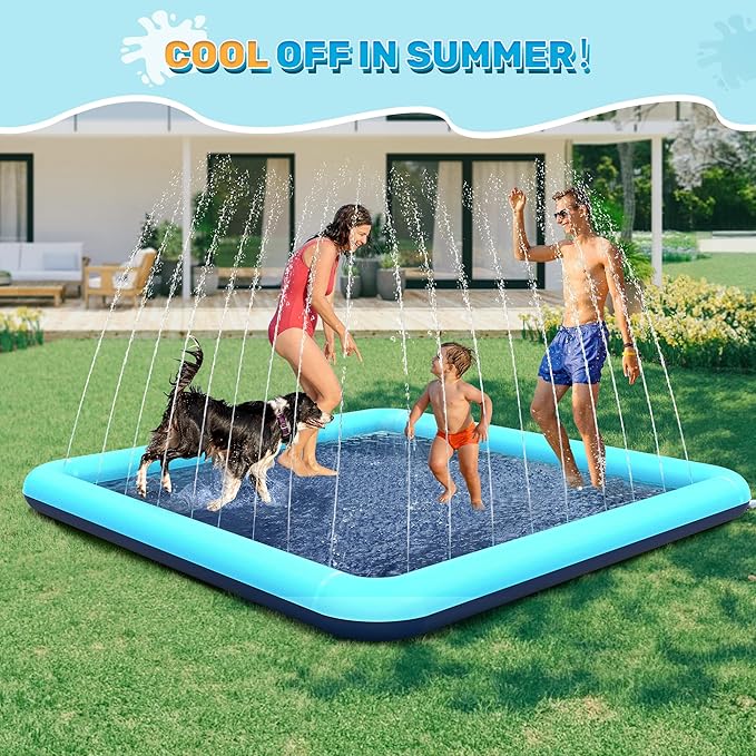 127'' Splash Pad for Dogs, Non-Slip Sprinkler for Kids, Square Splash Pad for Kids Ages 4-8, Splash Pads for Toddlers 1-3, Dog Sprinkler Shallow Pool, Outdoor Water Toys for Backyard, Teal