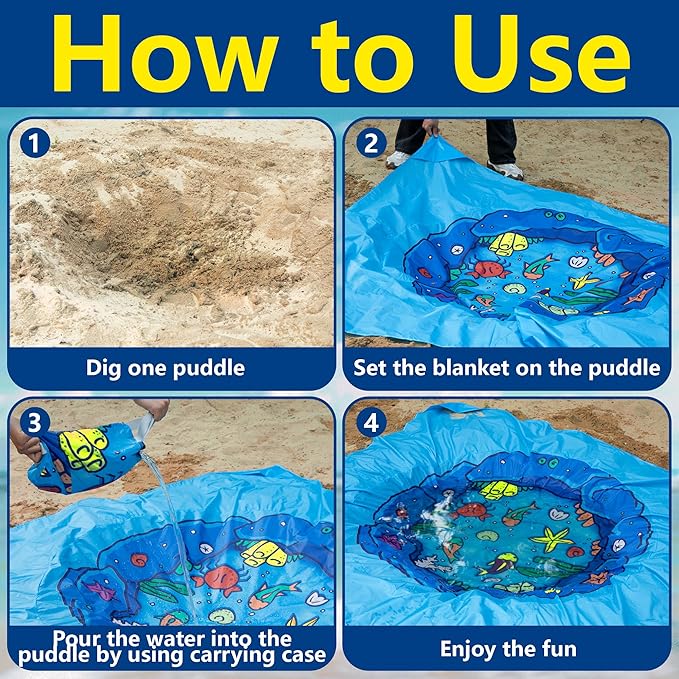 RunNico 6.6 x 6.6 Ft Portable Baby Beach Pool, Waterproof Beach Pool Blanket for Toddler with Water Bag, Collapsible Beach Puddle Mat for Boys Girls Kids Infant Outdoor Summer Vacation