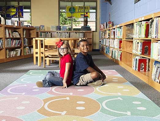 Flagship Carpets Schoolgirl Style Pastel Rainbow Smileys Educational Area Rug for Kids Room Seating Décor, Children's Classroom, Play Carpet for Teaching and Playroom, 7'6" x 12', Multi
