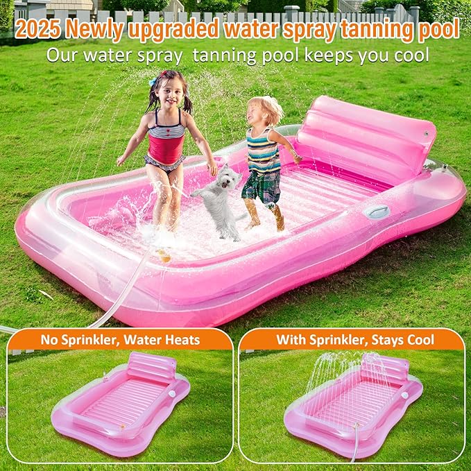 Inflatable Tanning Pool Lounger Float with Sprinkler, 78" x 48" Pool Floats Adult with Pillow, 3 in 1 Blow Up Tanning Bed, Suntan Tub Raft Floatie for Pools, Beach, Backyard Summer Water Party