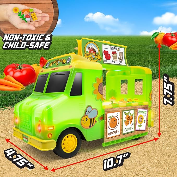 12" Farmer's Market Food Truck, Lights and Sounds, Includes 14 Play Pieces, Miniature Food, Pretend Play for Girls and Boys, Ages 3+