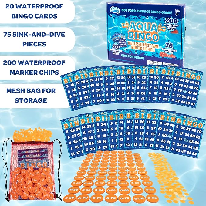 Aqua Pool Bingo Diving Game for Adults & Kids- Swim for & Call 75 Sinking Numbers, Fill Your Card To Win- Includes 200 Marker Chips, 10 Waterproof Play Cards, Fun for Summer Birthday or BBQ Parties