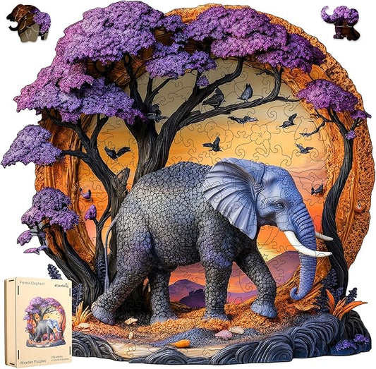 Wooden Puzzle for Adults 200 Pcs, 3D Vision Effect Elephant Forest Puzzle Unique Shape Advanced Jigsaw Puzzle, Challenge Wooden Jigsaw Puzzle for Family Game (11.2 x 10.9 in)