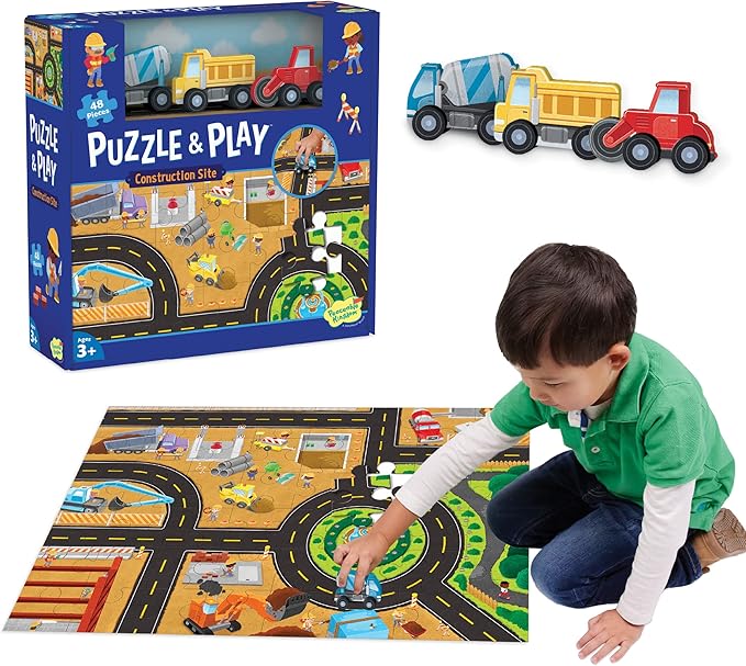 Peaceable Kingdom Puzzle and Play: Construction Site – 48-Piece Puzzle Includes 3 Wooden Construction Vehicles — Great for Home or Classroom Use — for Kids Ages 3 & Up