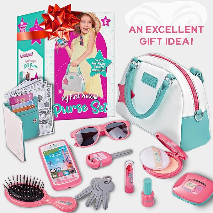 Play Purse for Girls and Toddlers - Little Girls Toys Pretend Play Accessories: Toy Phone, Wallet, Credit Cards, Keys, Pretend Makeup for Role Playing Toys for Girls Ages 3 4 5 6 7 8 Years and Up