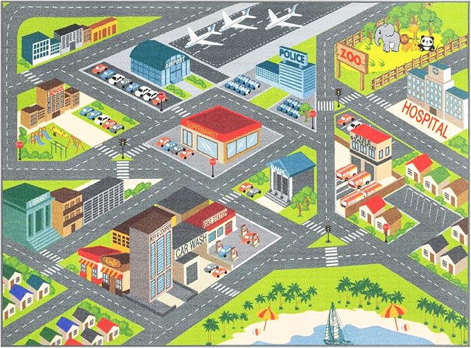 KC CUBS Road Play Map City Car Vehicle Traffic Educational Learning & Fun Game Area Non Slip Boy & Girl Kids Rug Carpet for Children Bedroom, Toddler Classroom & Baby Playroom Mat, Playtime Activity