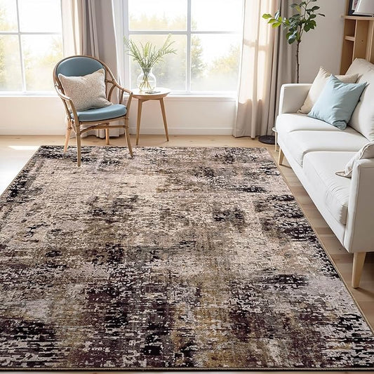 Area Rug 4x6 Brown Rug Washable Boho Rugs Non Slip Low Pile Abstract Coffee Small Carpet for Entryway, Bedroom, Kitchen, Classroom, Kids Room, Office, Dorm, Dining Room