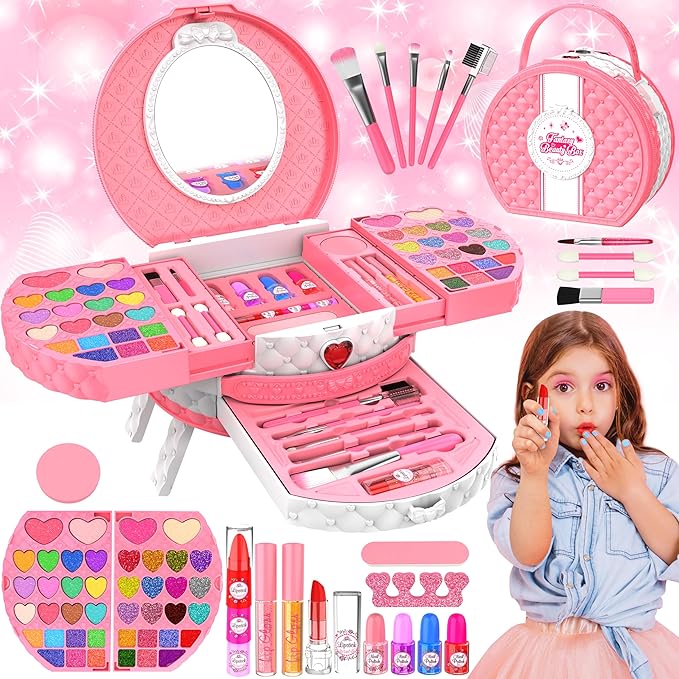 Kids Makeup Kit for Girl, 66 Pcs Washable Makeup Set for Little Girls, Cosmetic Set Pretend Play Makeup Toy Beauty Set Christmas & Birthday Gift Age 3 4 5 6 7 8 9+ Year Old Kids Toddler Toys