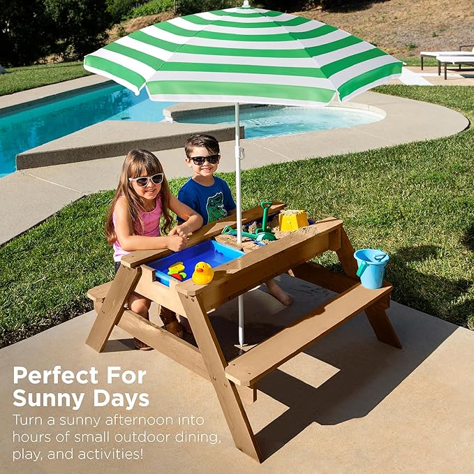 Best Choice Products Kids 3-in-1 Sand & Water Table, Wood Outdoor Convertible Picnic Table w/Umbrella, 2 Trays, Removable Top, 220lb Capacity Per Bench -Green