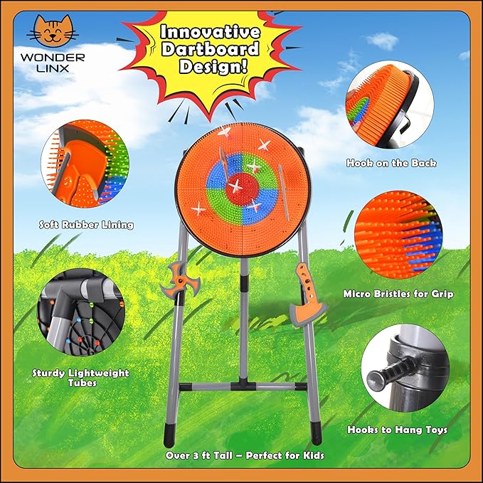 3 in 1 Throwing Game Toy Set - Dart & Axe Throwing Game with Bristle Target Dartboard - 3 Throwing Axes, 3 Stars, 6 Darts Included - with Travel Bag & Lightweight Stand - Indoor & Outdoor Game
