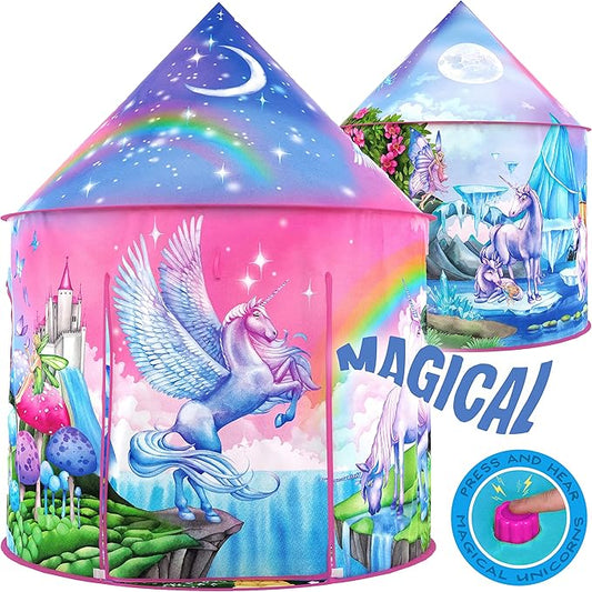W&O Unicorn Sparkle Play Tent with Magical Unicorn Sounds - Captivating Pop Up Tent for Girls - Perfect for Indoor & Outdoor Play