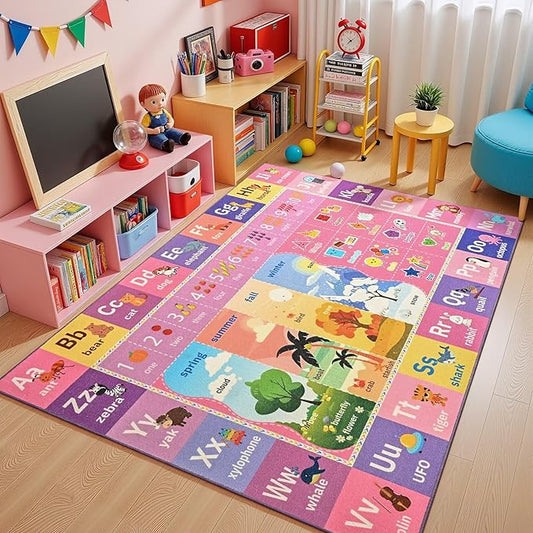 ABC Kids Rug for Playroom, 4x6 Pink Purple Washable Classroom Area Rugs, Toddler Educational Play Mat with Alphabet Numbers Seasons Shapes, Learning Fun for Preschool Children