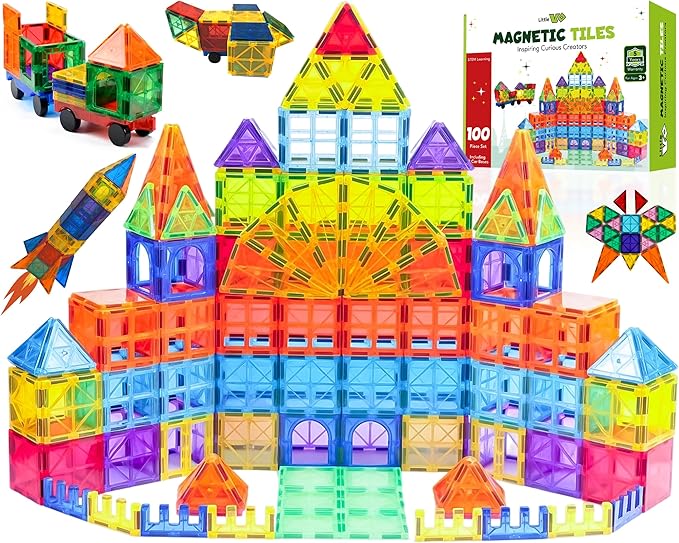 Magnetic Tiles 100 PCS with 2 Cars and 4 Extra Alphabets – STEM Building Blocks for Kids, Educational Gift for Boys & Girls