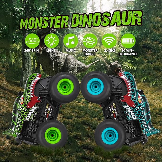 Remote Control Car, 2.4Ghz All Terrain Dinosaur Monster Truck Toys, RC Truck with Music, 3 Lighting Effects, 360 Stunt Capable, All included Ready to Run, Toy Gifts for Boys and Girls (Green)