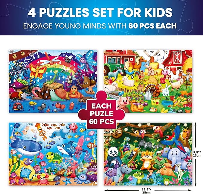 QUOKKA 4x60 Piece Puzzles for Kids Ages 4-6 – Glow-in-The-Dark Puzzles for Kids 4-8 I Farm Bugs Tropical & Ocean Animals I Fun Educational Toddler Puzzle for Boys & Girls – Educational Game Toys Gift