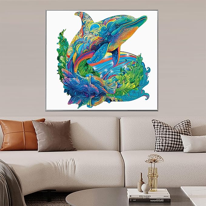 Wooden Puzzles, Dolphin Jigsaw Puzzles 200 Pieces, Unique Shaped Wooden Puzzles for Adults and Kids, Family Game 11.4x11 Inch