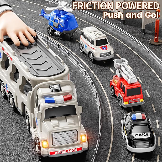 5-in 1 Play Ambulance Toy Vehicle Toddler Truck Toys for 3 4 5 6 7 Year Old Boys - Friction Powered Cars with Light and Sound, Police Car, Fire Truck, Ambulance Car, Birthday Gifts for Kids