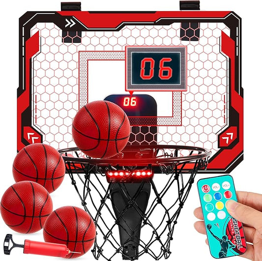 SYNCFUN Mini Indoor Basketball Hoop, Light Up Over The Door Basket Ball Hoop for Kids with Scoreboard & 4 Balls, Indoor Basketball, Toys Gifts for Boys Girls Ages 3 and UP(Red)