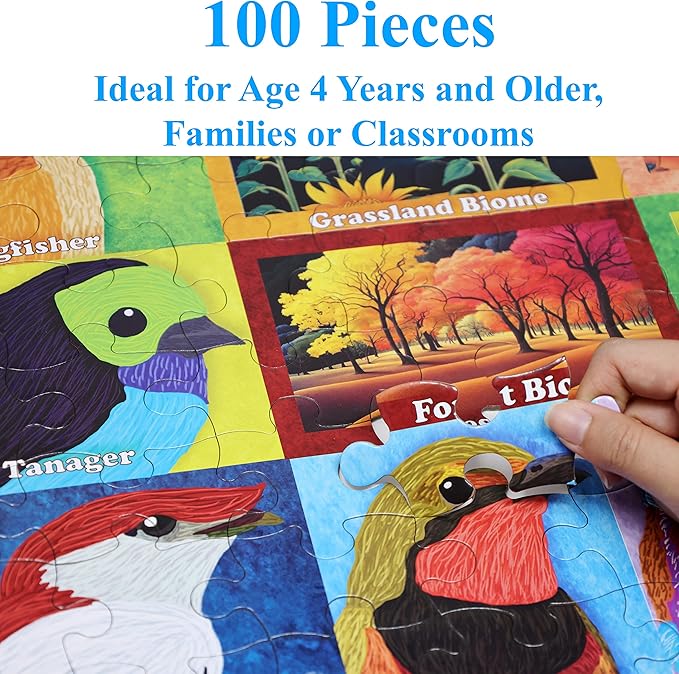 Think2Master Colorful World Map of Birds 100 Pieces Jigsaw Puzzle Fun Educational Toy for Kids, School & Families. Illustration by Rachel Kim. Great Gift for Boys & Girls Ages 4-8. Size:23.4” X 16.5”