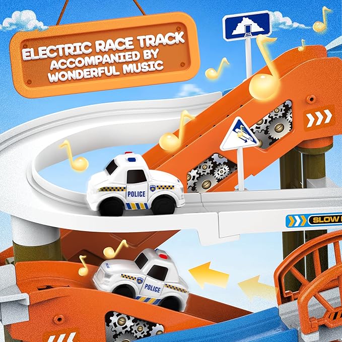 Race Tracks for Kids Ages 3-5, SMILESSKIDDO 73 PCS Space Car Tracks Toys Gifts for Boys Kids with Music and Engineering Scene Simulation, Construction Car Toddler Boy Toys Gift for Ages 3+