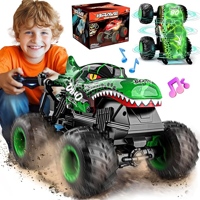 BEZGAR Monster Truck Toys - Remote Control Monster Truck with Light & Music, Dinosaur Toys for Kids, 1:20 Scale RC Truck with 360° Spins and Drifting, Remote Control Car for Boys 4-7