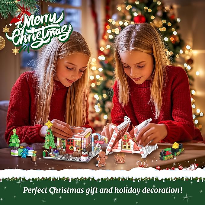 Gingerbread House Building Block Set for Girls 12+ - Pink Christmas Village With LED Lights, Tree, and Train - 1288Pcs for Adults