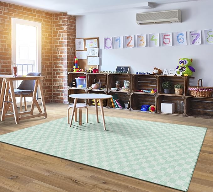 Flagship Carpets Schoolgirl Style Mint Checkerboard Educational Area Rug for Kids Room Seating Décor, Children's Classroom, Play Carpet for Teaching and Playroom, 7'6" x 12', Green