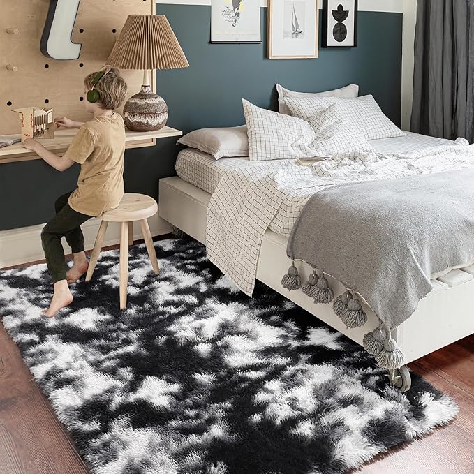 Amdrebio Black White Grey Cool Area Rugs for Bedroom Living Room, Fluffy Modern Furry Rugs for Kids Room Decor, Plush Shaggy Throw Rug 4x6 for Men Teen Boy, Aesthetic Floor Carpet for Dorm Home Office