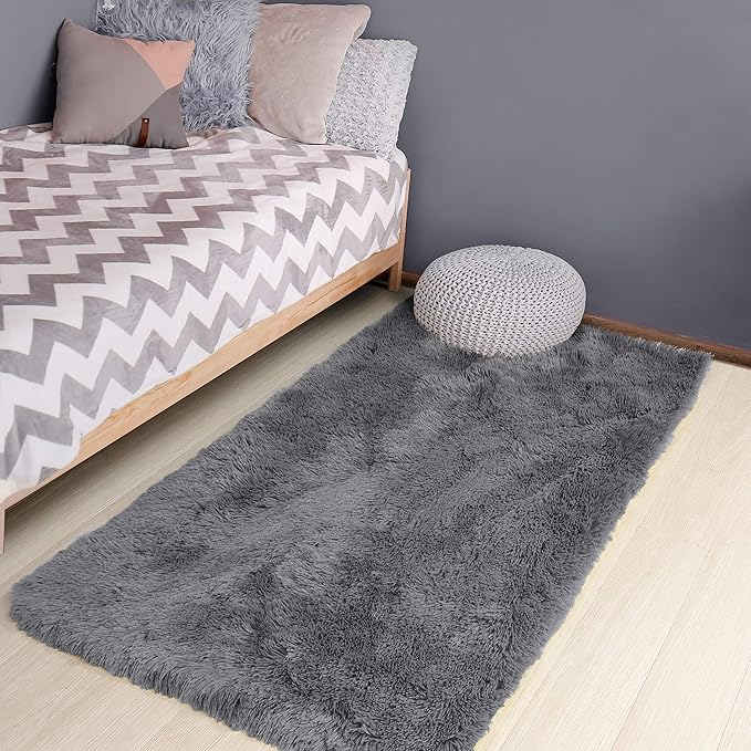 Gray Runner Rugs for Bedroom, 3x5, Fluffy Shag Rugs for Living Room, Furry Bedside Rug for Kids, Teen Boys, Shaggy Throw Rug for Nursery, Fuzzy Plush Grey Carpet, Rectangle, Cute Room Decor for Baby