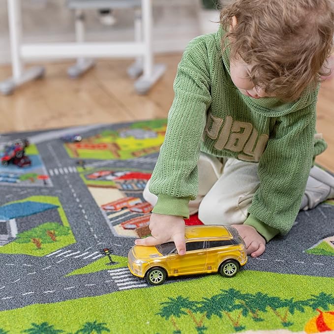 KC CUBS Road Play Map City Car Vehicle Traffic Educational Learning & Fun Game Area Non Slip Boy & Girl Kids Rug Carpet for Children Bedroom, Toddler Classroom & Baby Playroom Mat, Playtime Activity