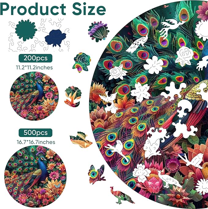 Colorful Peacock 200 Pieces Wooden Jigsaw Puzzles for Adults Unique Irregular Shape Fun Challenging Bird Puzzles for Kids and Couples on Birthday,Children’s Day,Christmas11.2 x11.2