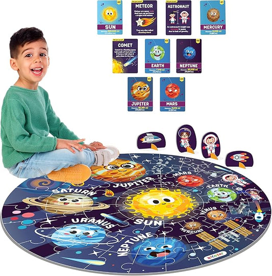 Jumbo 70 Piece Round Floor Puzzles for Kids Ages 3-5, 6-8, Large Jigsaw Puzzle with Solar System and Planets, Educational Flash Cards and 3D Figures Educational Gift